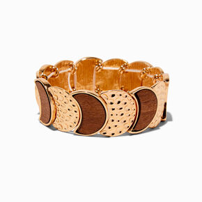 Wood &amp; Gold-tone Textured Disc Stretch Bracelet ,