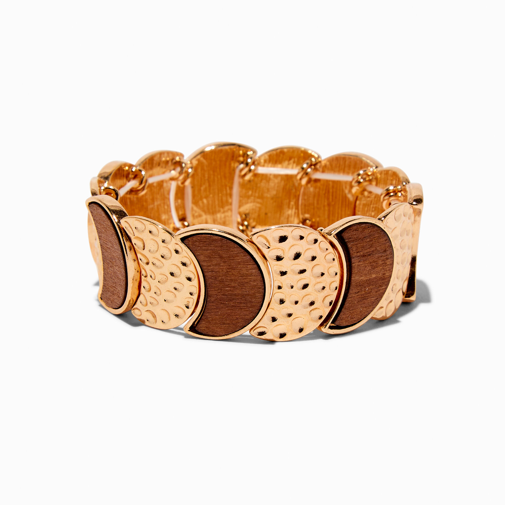 View Claires Wood Tone Textured Disc Stretch Bracelet Gold information