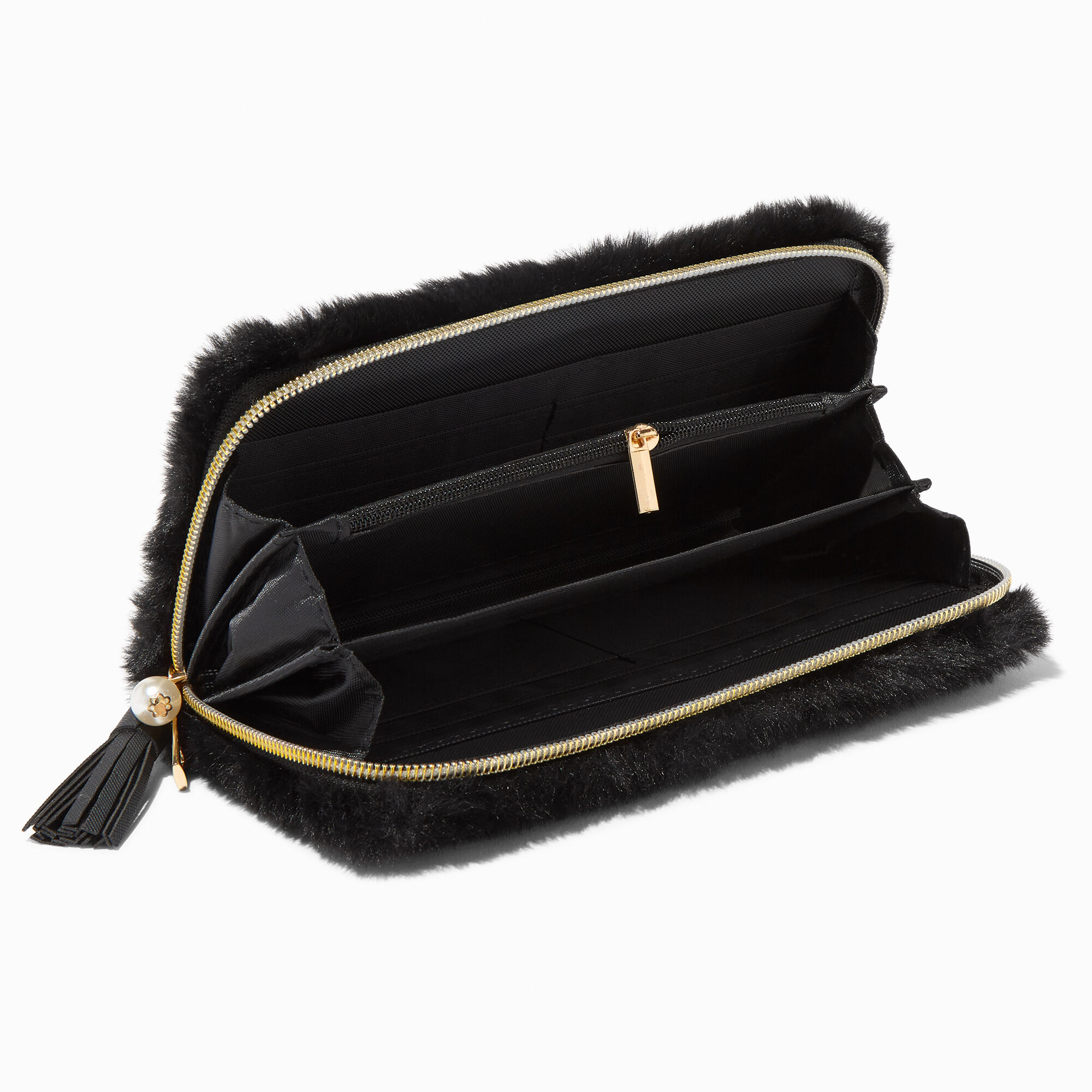 Pochette poignet à initiale perle d'imitation et fausse fourrure noire - M,