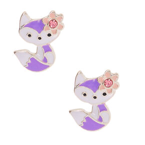 Silver Flower Purple Fox Stud Earrings,