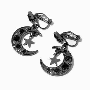 Black Crescent Moon Star 1&quot; Clip-On Drop Earrings,