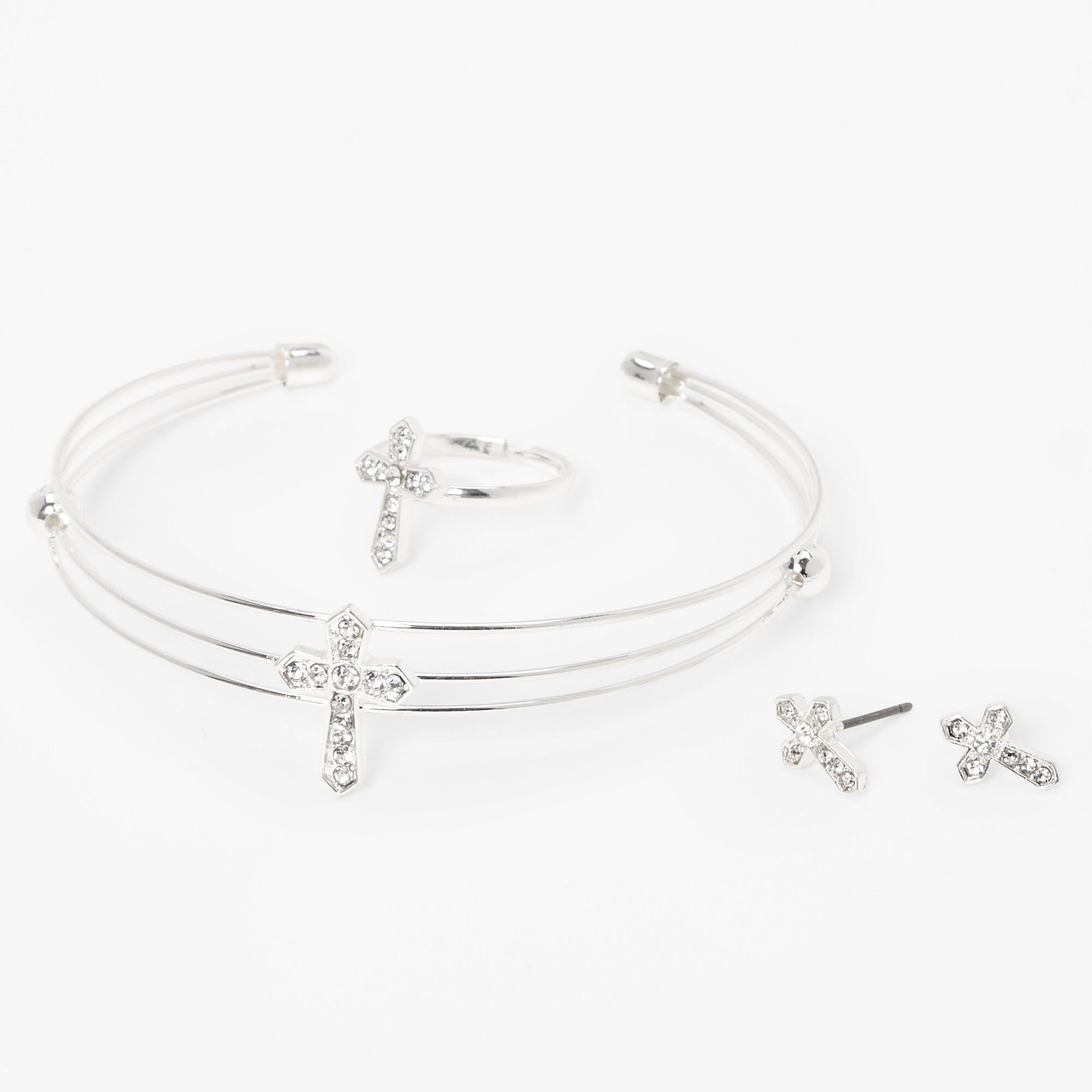Claire's Parure de bijoux ornée bracelet croix couleur argentée - Lot de 3