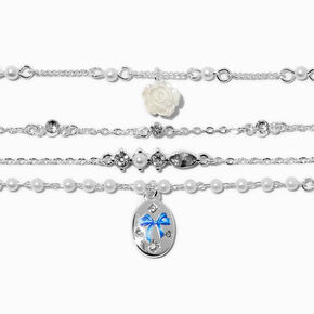 Silver-tone Pearl &amp; Rose Chain Bracelets - 4 Pack,