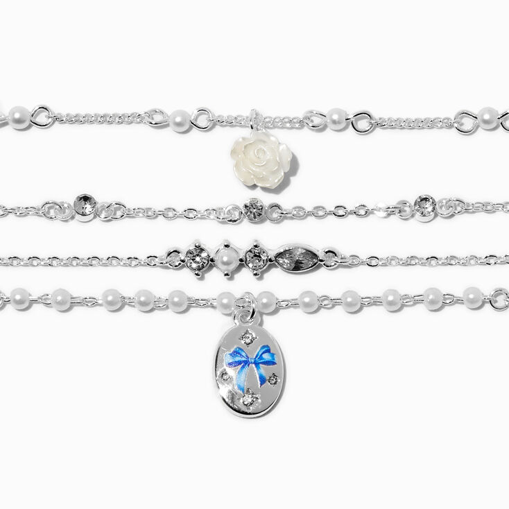 Silver-tone Pearl &amp; Rose Chain Bracelets - 4 Pack,
