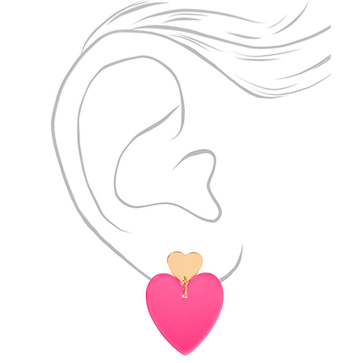 Gold 2&quot; Neon Double Heart Drop Earrings - Pink,