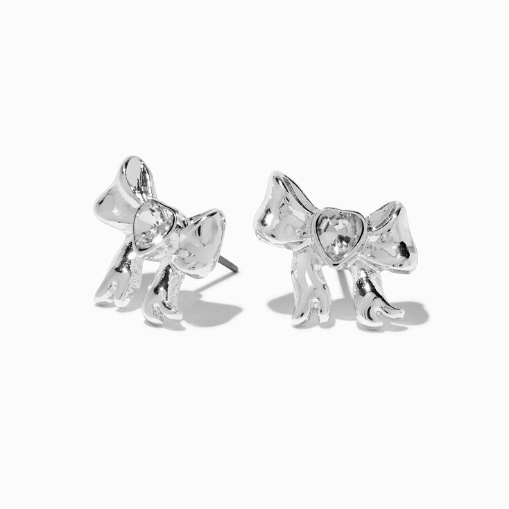 Clous d&#39;oreilles n&oelig;ud c&oelig;ur strass couleur argent&eacute;e,