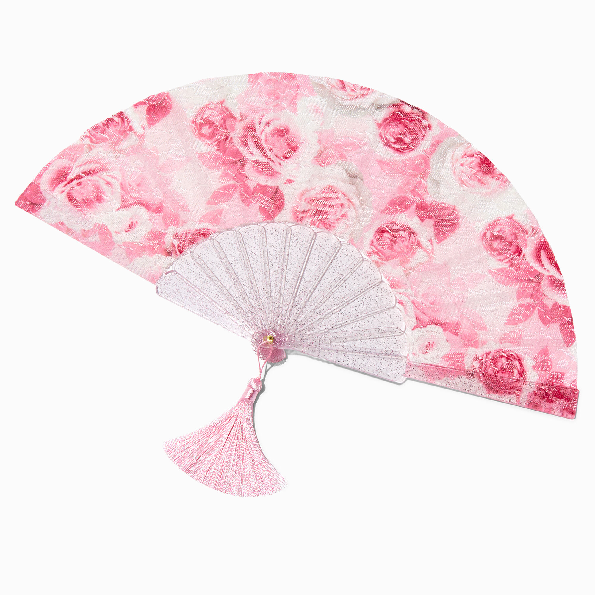View Claires Rose Print Personal Folding Fan Pink information