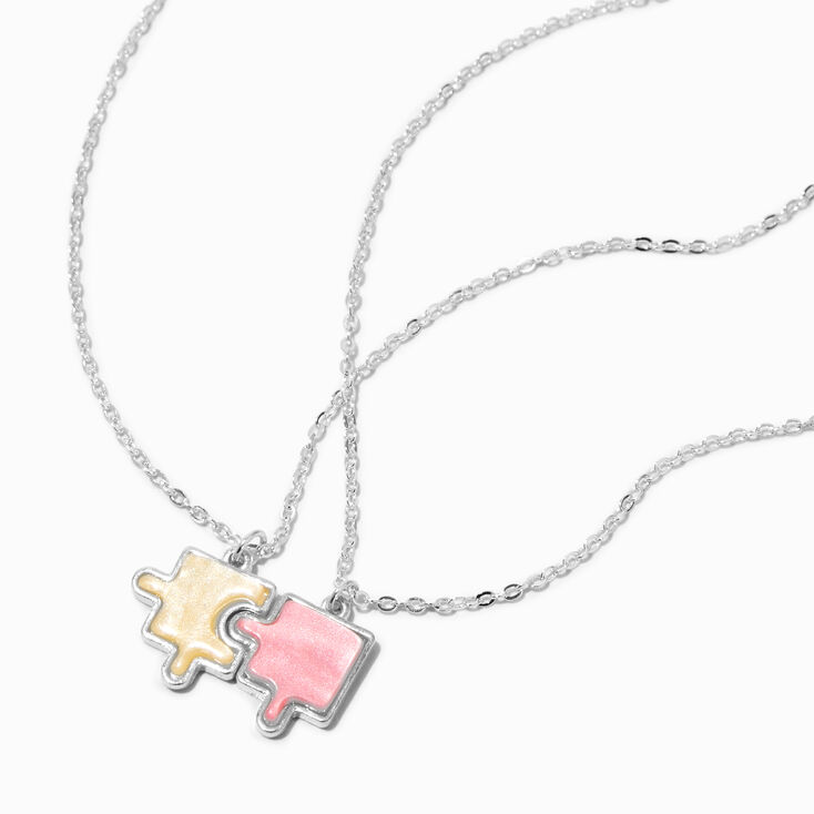 Best Friends Puzzle Piece Pendant Necklaces - Pink/White, 2 Pack,