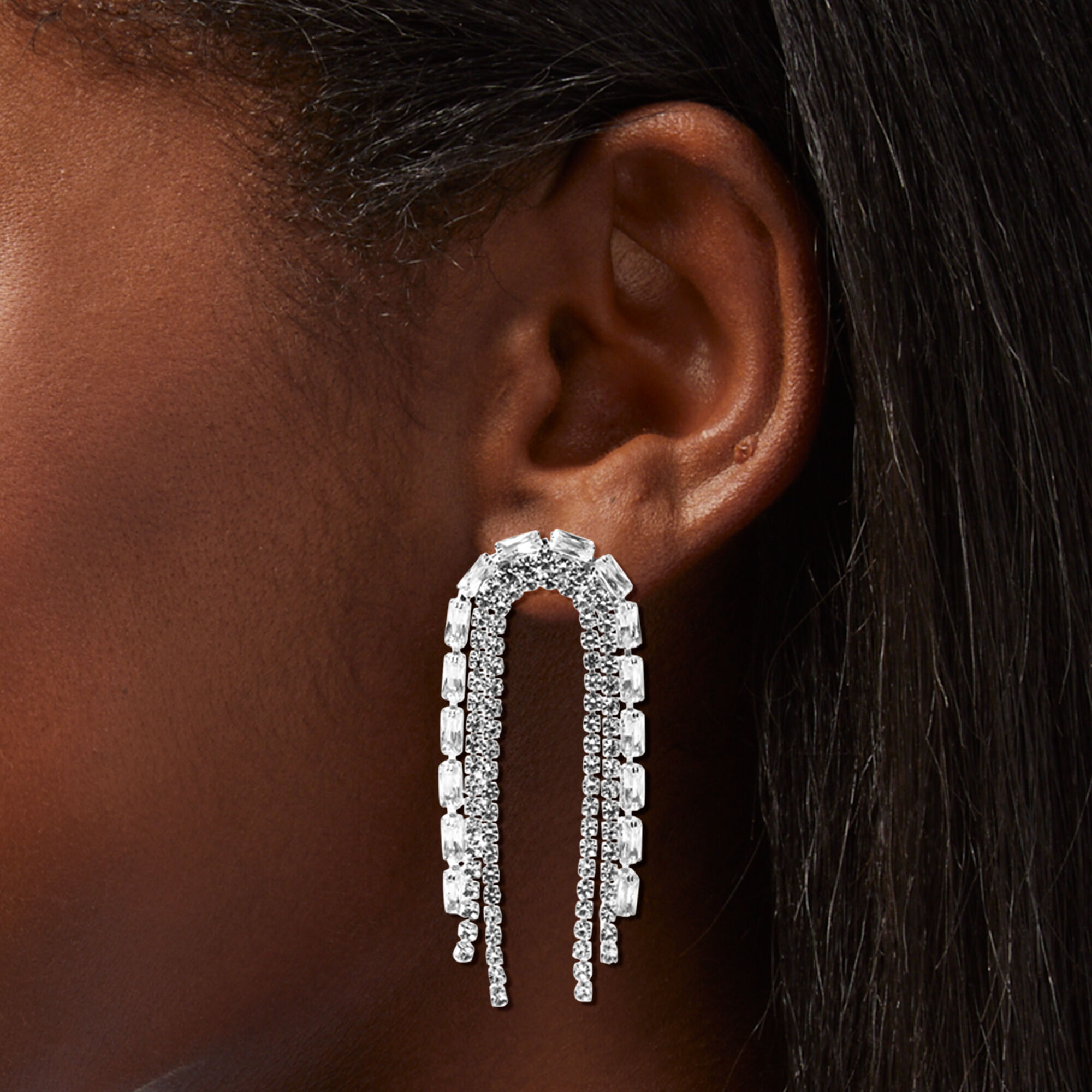 Silver Rhinestone 2.5" Horse Tail Fringe Drop Earrings,