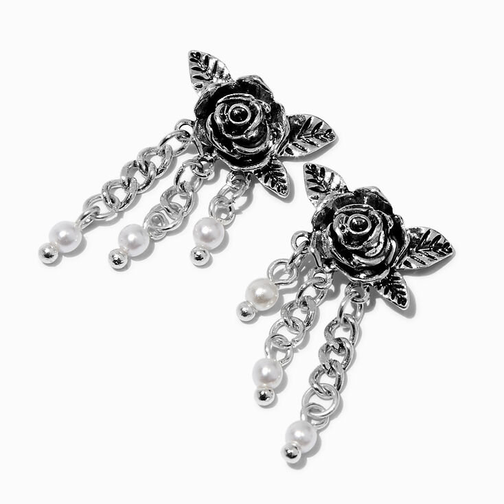 Carved Rose &amp; Pearl Chains Drop Earrings ,