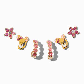 Gold-tone Flower, Mouse &amp; Heart Hoop Earring Stackables Set - 3 Pack,