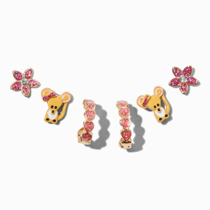 Gold-tone Flower, Mouse &amp; Heart Hoop Earring Stackables Set - 3 Pack,