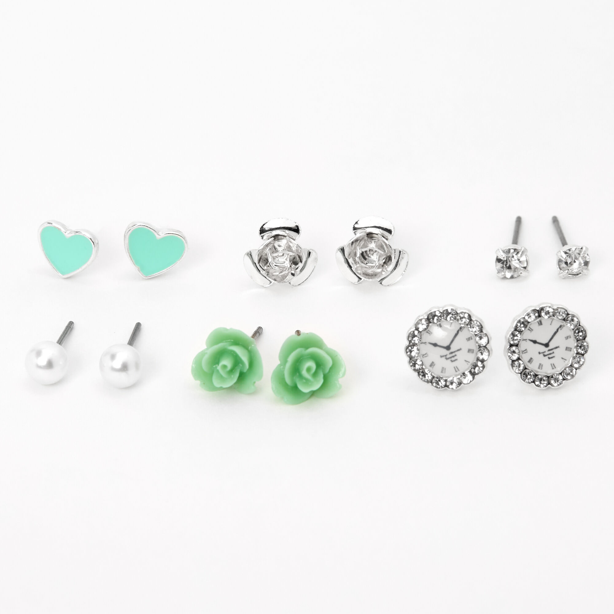 View Claires Tone Rose Pearl Stud Earrings Blue 6 Pack Silver information
