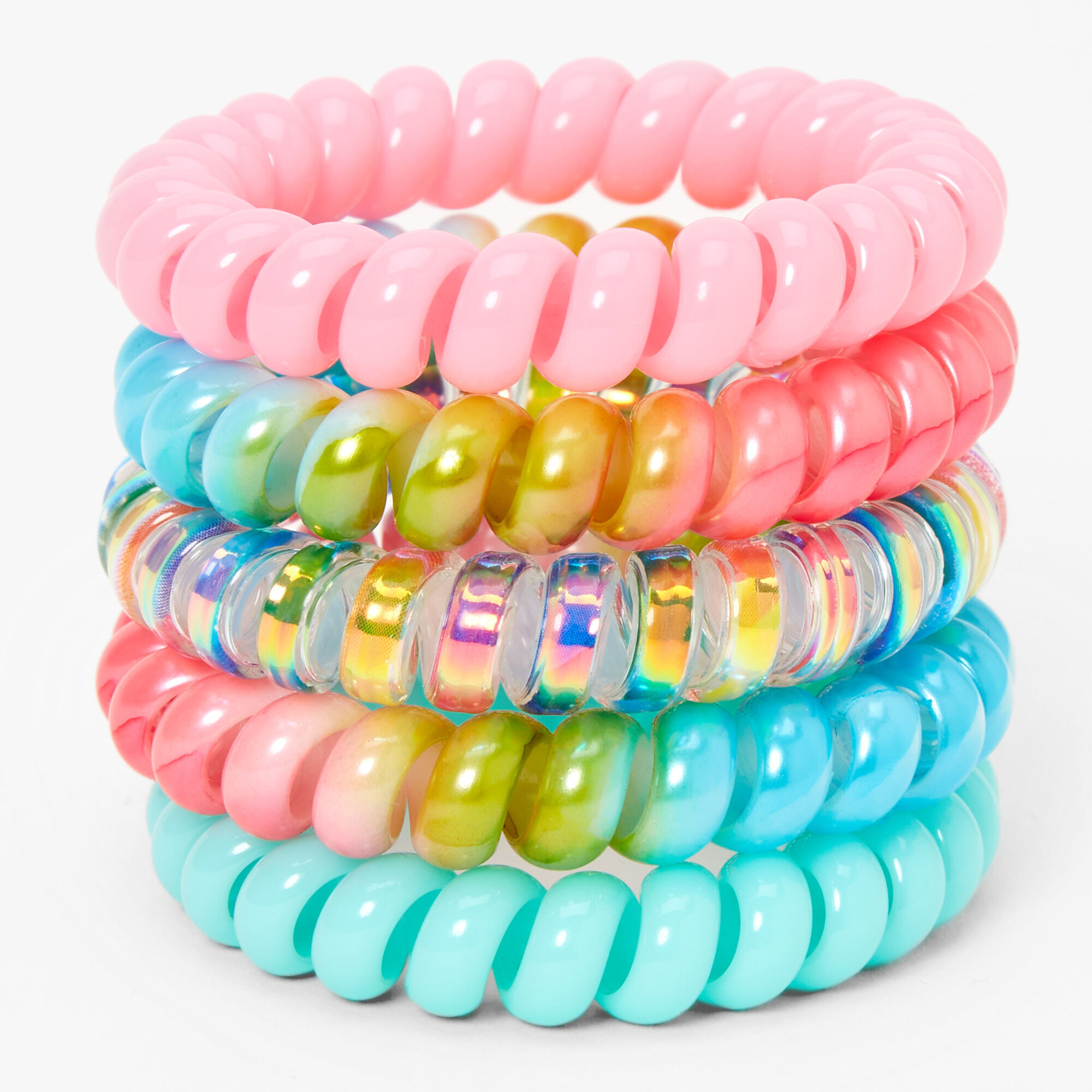 View Claires Club Pastel Holographic Coil Bracelets 5 Pack Rainbow information