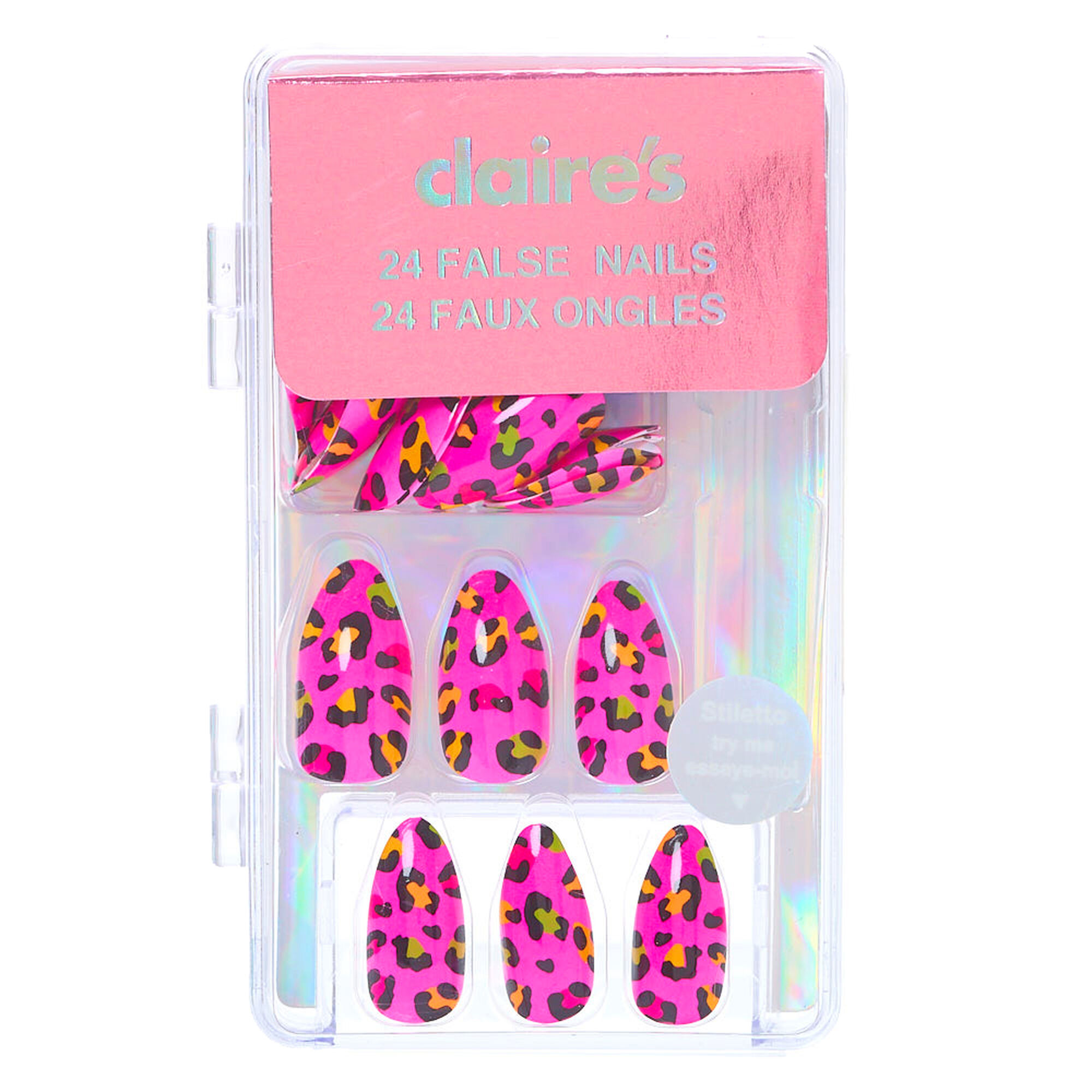 Neon Leopard Stiletto Faux Nail Set - Pink, 24 Pack | Claire's US
