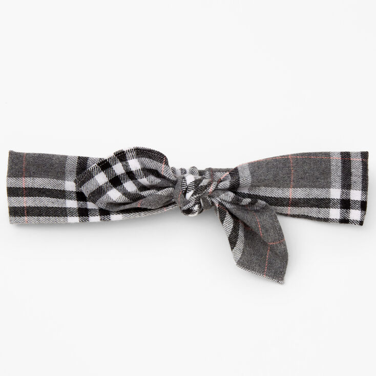 Neutral Plaid Knotted Bow Headwrap - Grey,