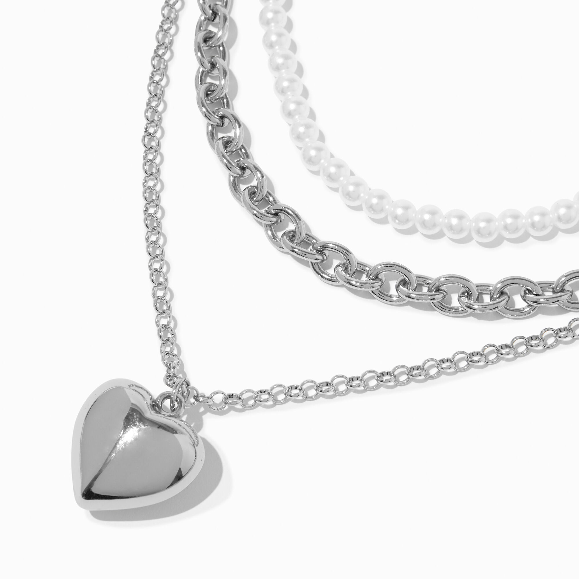 Silver-tone Puff Heart & Pearl Multi-Strand Necklace | Claire's US