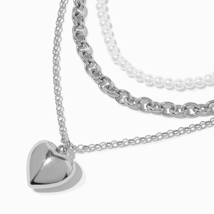 Silver-tone Puff Heart &amp; Pearl Multi-Strand Necklace,