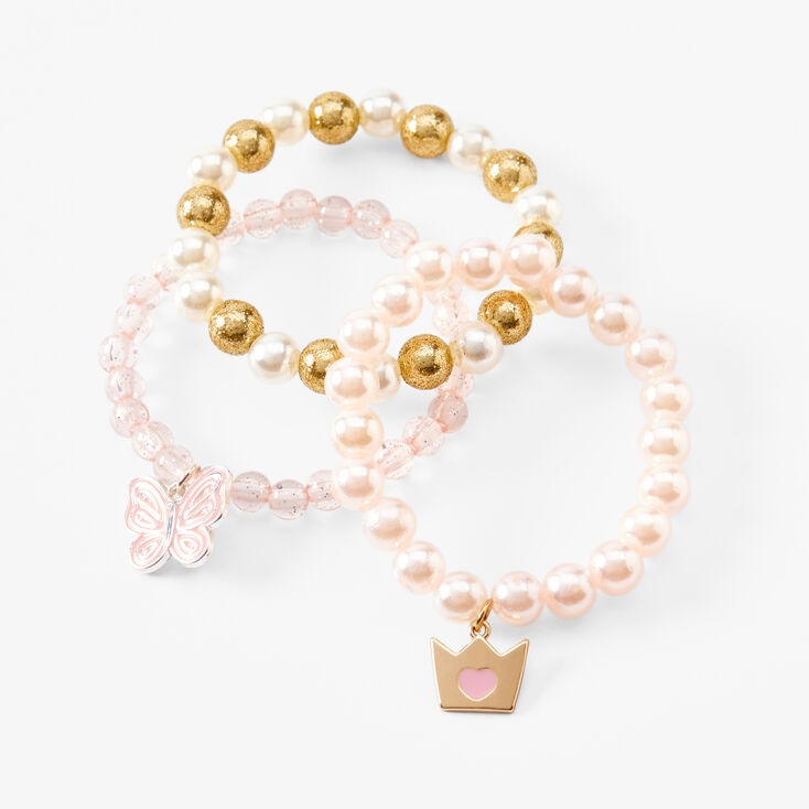 Claire&#39;s Club Pink Crown and Butterfly Beaded Stretch Bracelets - 3 Pack,