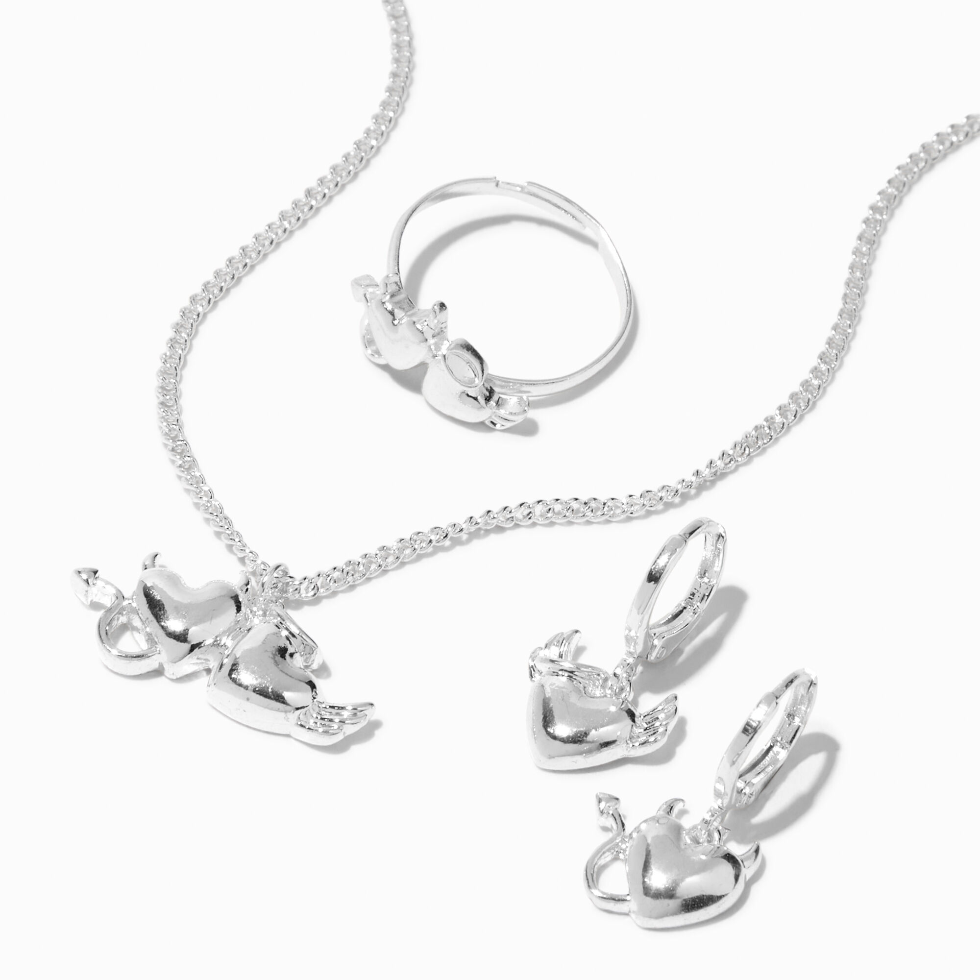 Silver Devil & Angel Heart Necklace, Earrings, & Ring Set - 3 Pack,