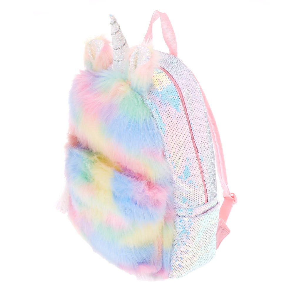 Sac dos licorne pelucheux sequins arc en ciel