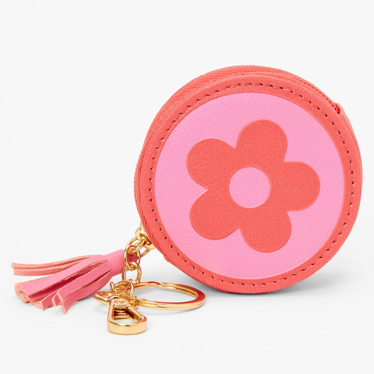 Pink Flower Round Coin Purse Keychain,