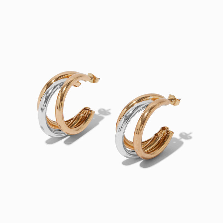 Mixed Metals Cluster Triple Hoop Earrings,