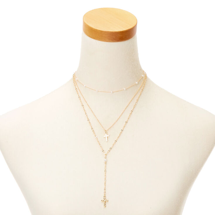 Gold Pearl Cross Multi Strand Necklace,