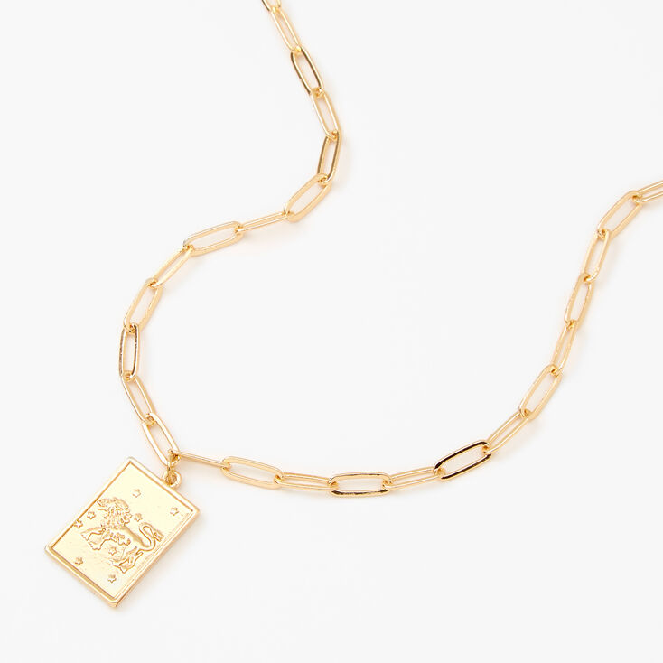 Gold Rectangle Zodiac Symbol Pendant Necklace - Leo,