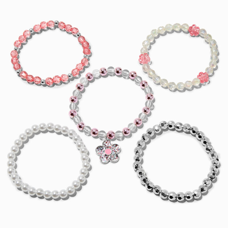 Pink Flower Beaded Stretch Bracelets - 5 Pack,