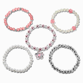 Pink Flower Beaded Bracelets - 5 Pack,