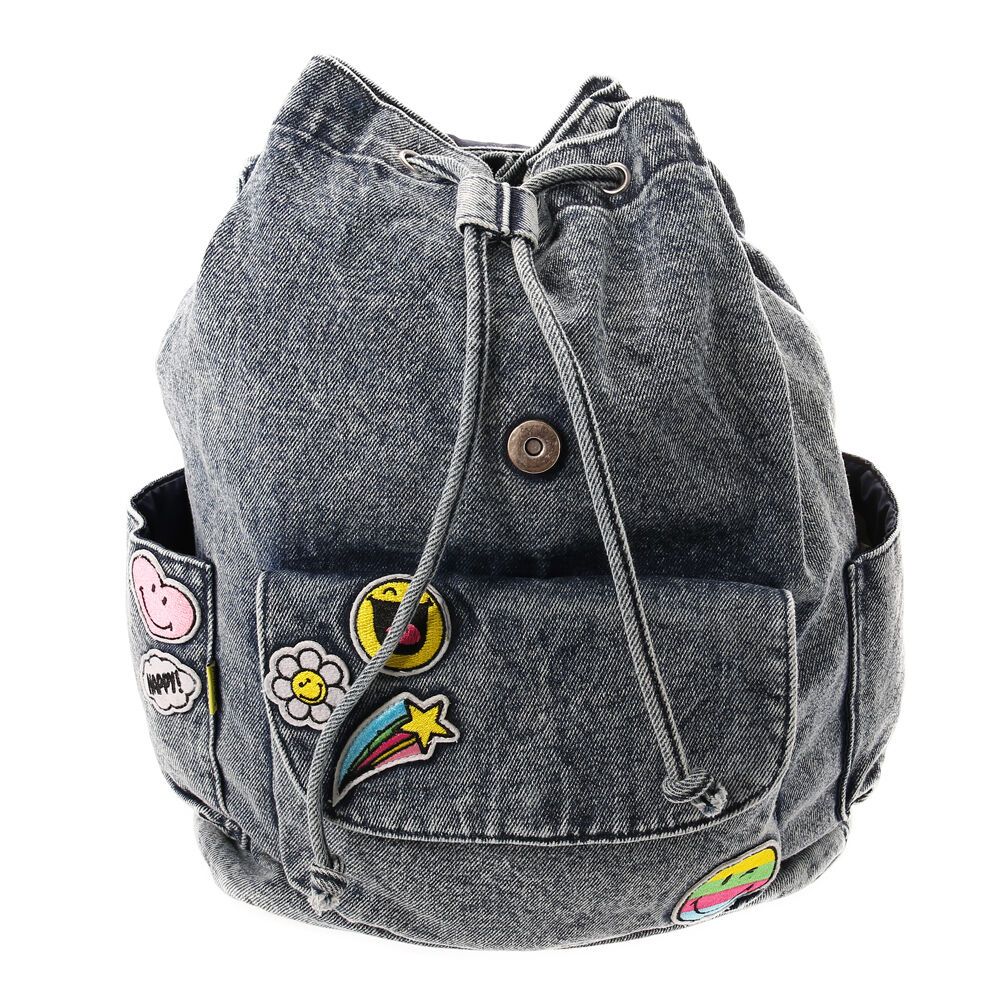 Denim backpack with patches top