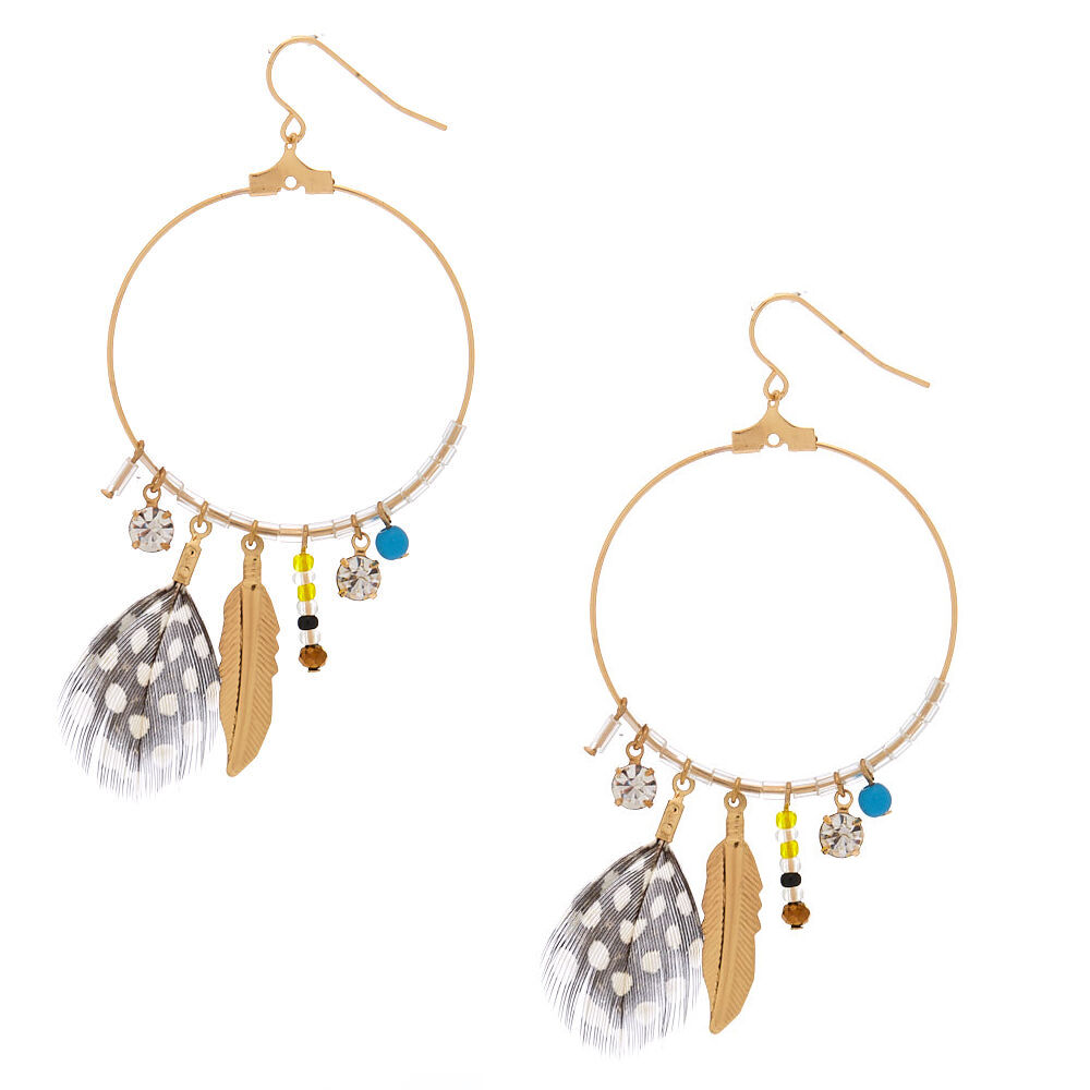 Gold 1" Speckled Feather Drop Earrings,