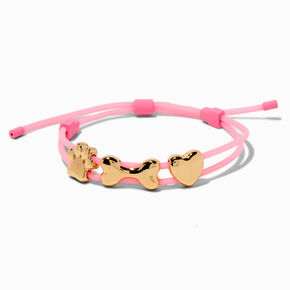 Gold-tone Paw, Bone &amp; Heart Charm Pink Bolo Bracelet,
