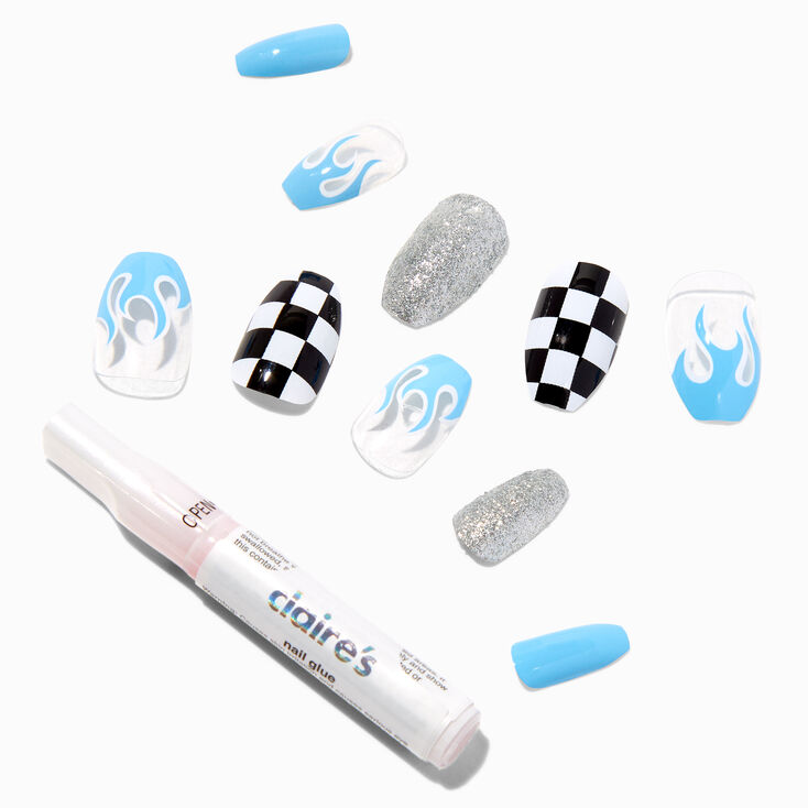 Faux ongles vegan ballerine flamme bleue &agrave; carreaux - Lot de 24,