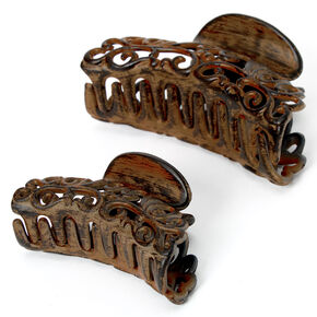 Brown Filigree Wooden Hair Claws - 2 Pack,