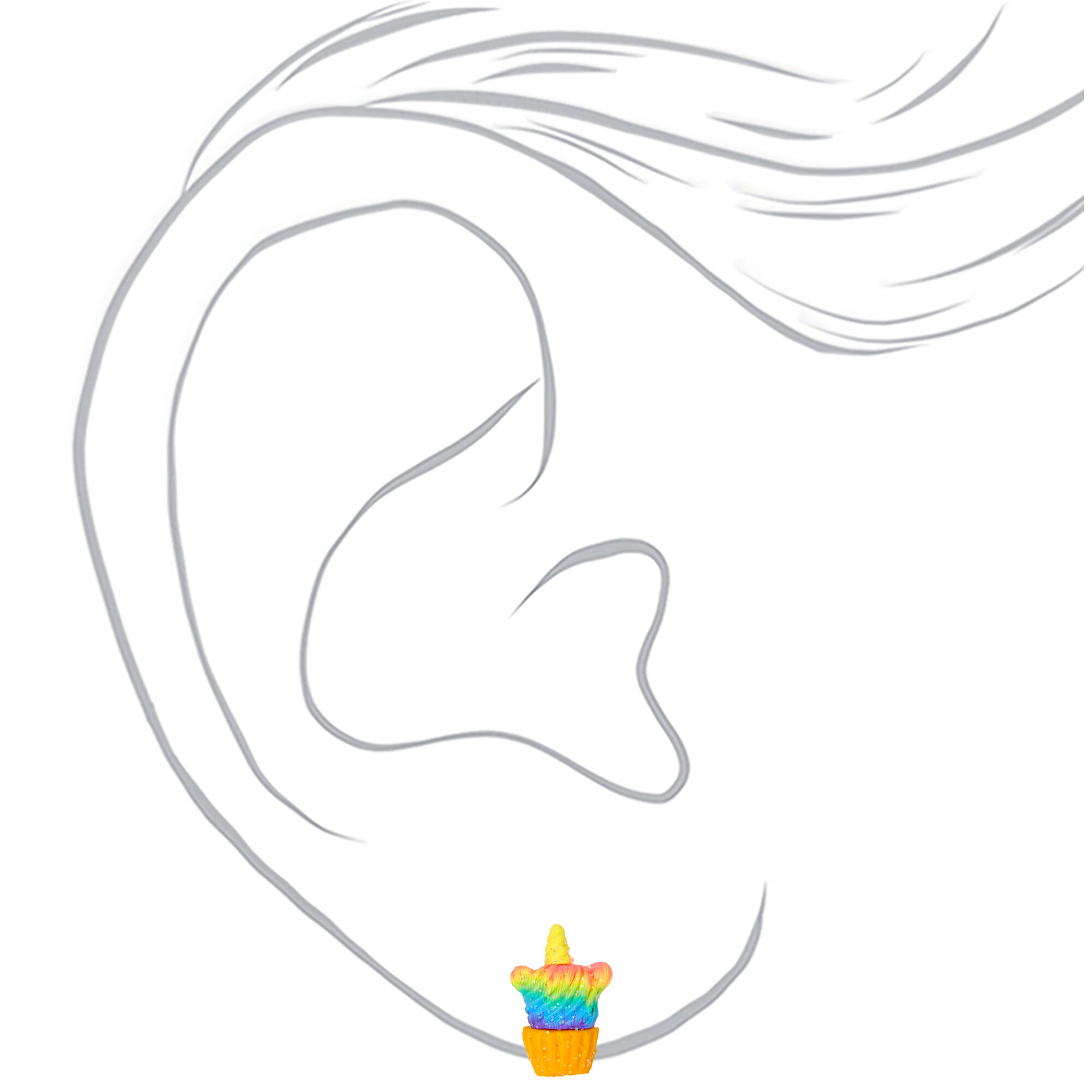 Clous d'oreilles cupcake licorne arc-en-ciel couleur argentée,