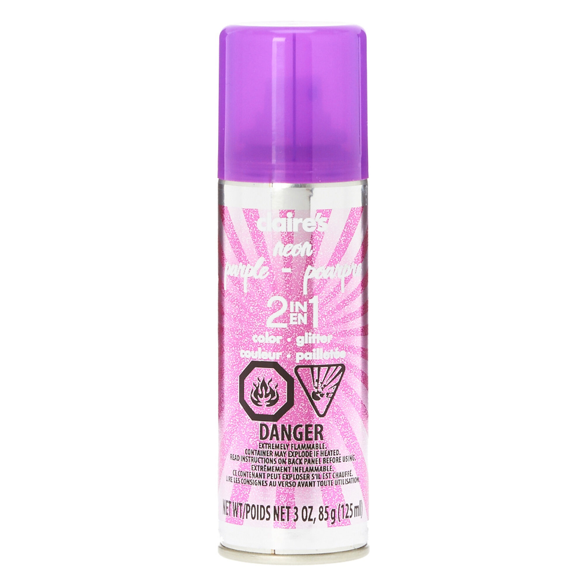 View Claires Neon Glitter 2 In 1 Temporary Hair Colour Spray Purple information