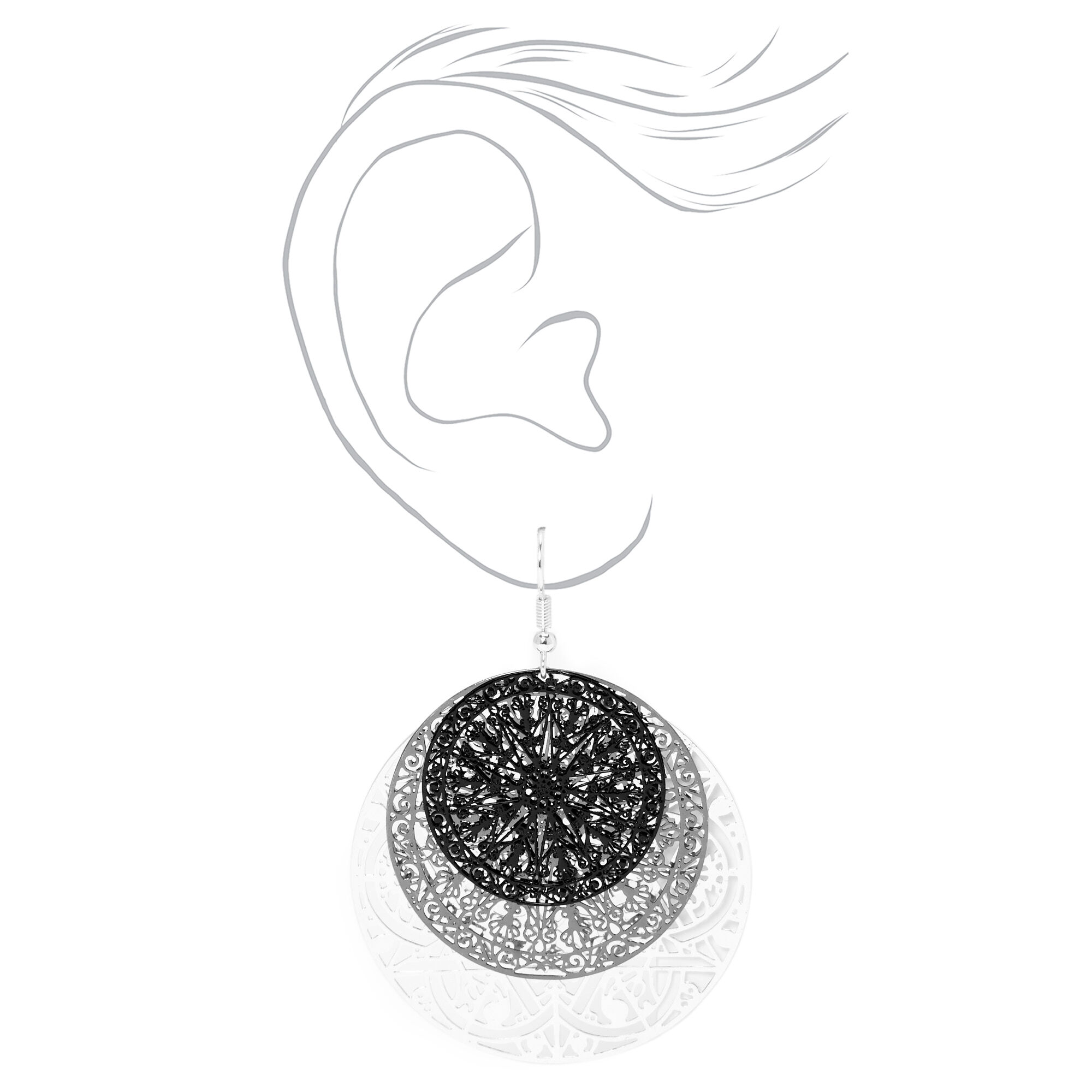 Mixed Metal 2.5" Trio Round Filigree Drop Earrings,