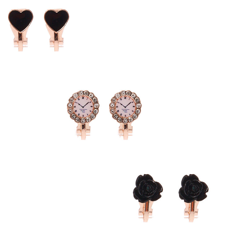 Rose Gold Clock Clip On Stud Earrings - 3 Pack,