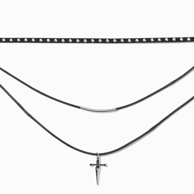 Black Cord Silver Dagger Multi-Strand Necklace,