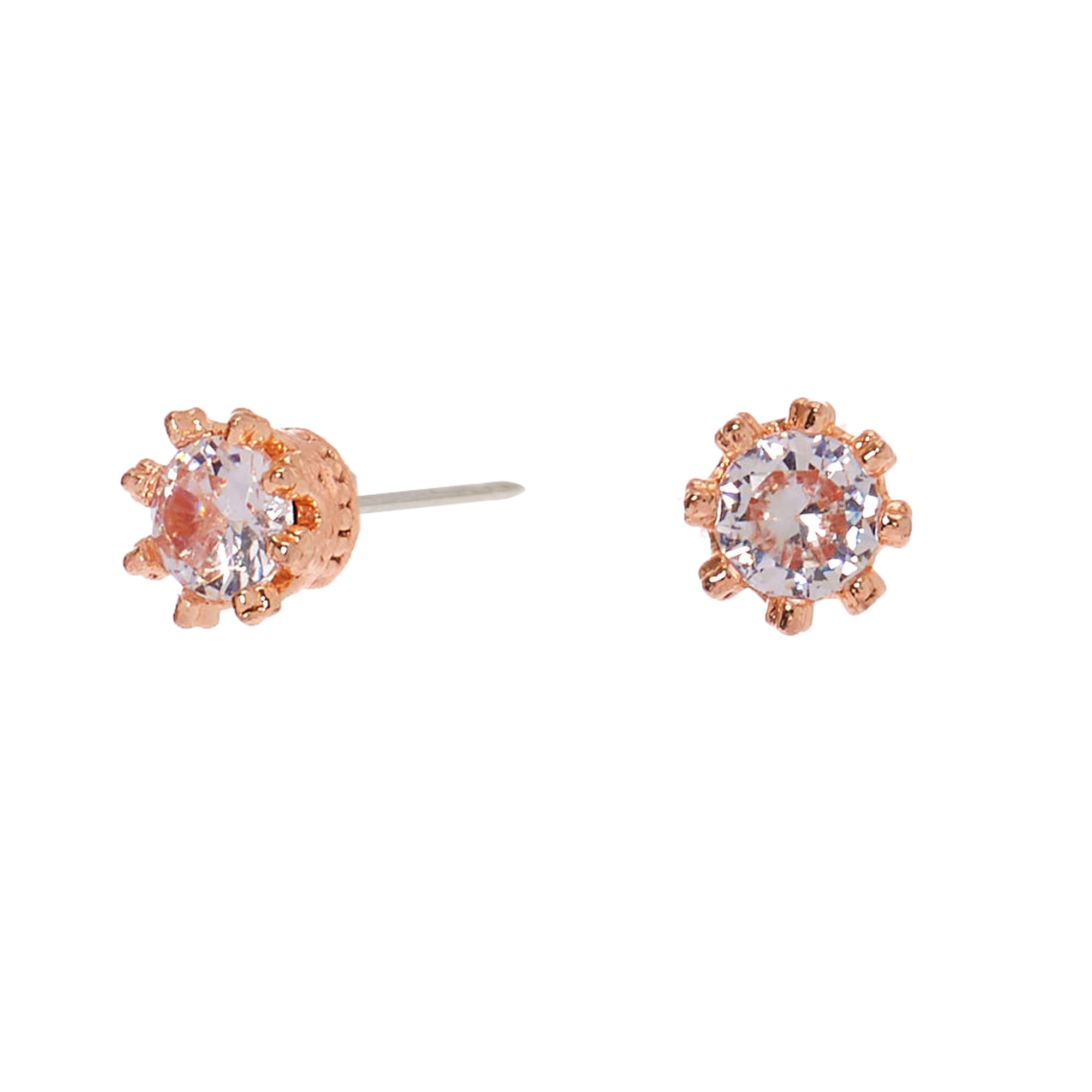 View Claires Tone Cubic Zirconia Round Crown Stud Earrings 3MM Rose Gold information