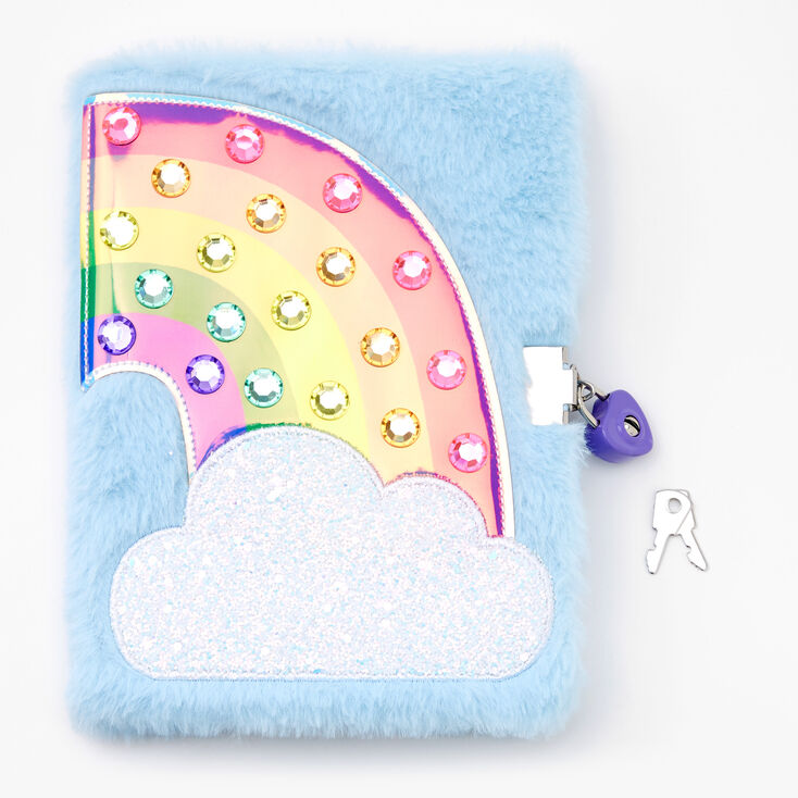 Sparkle Rainbow Plush Lock Diary - Blue,