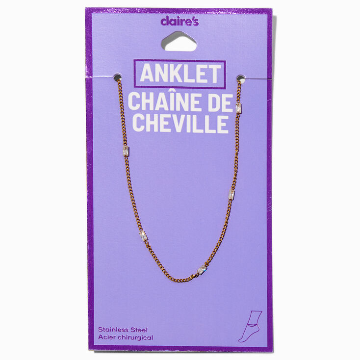 Gold-tone Stainless Steel Cubic Zirconia Baguette Stationed Chain Anklet,