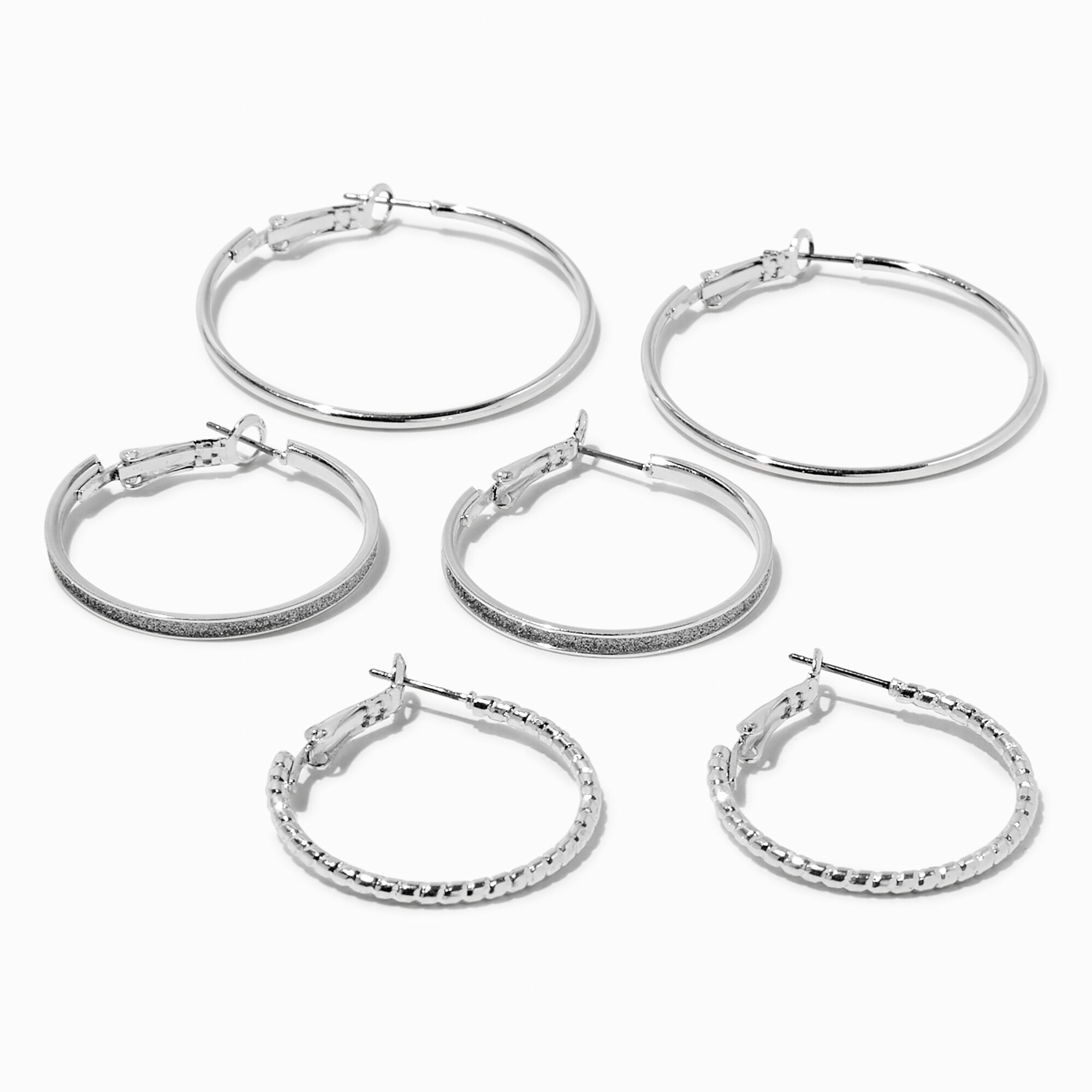 View Claires Tone Graduated Textured Hoop Earrings 3 Pack Silver information
