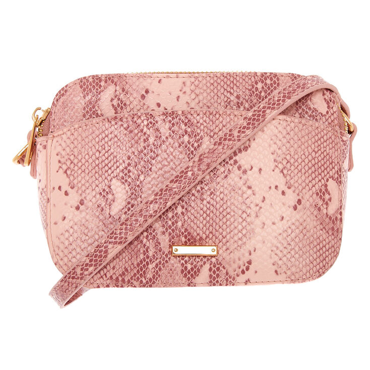 Claire's Sac à bandoulière rose peau de serpent d’imitation