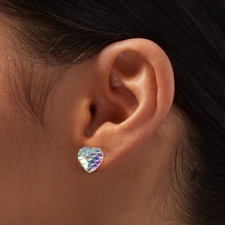 Iridescent Fish Scale Heart Sterling Silver Post Stud Earrings ,