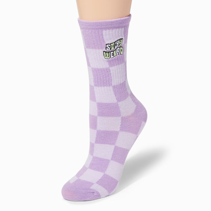 Purple Checkered Stay Weird Crew Socks,