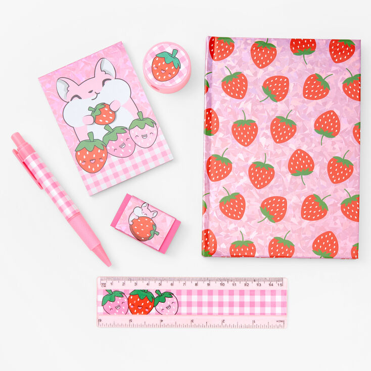 Ensemble d&rsquo;articles de papeterie hamster et fraise - Rose,