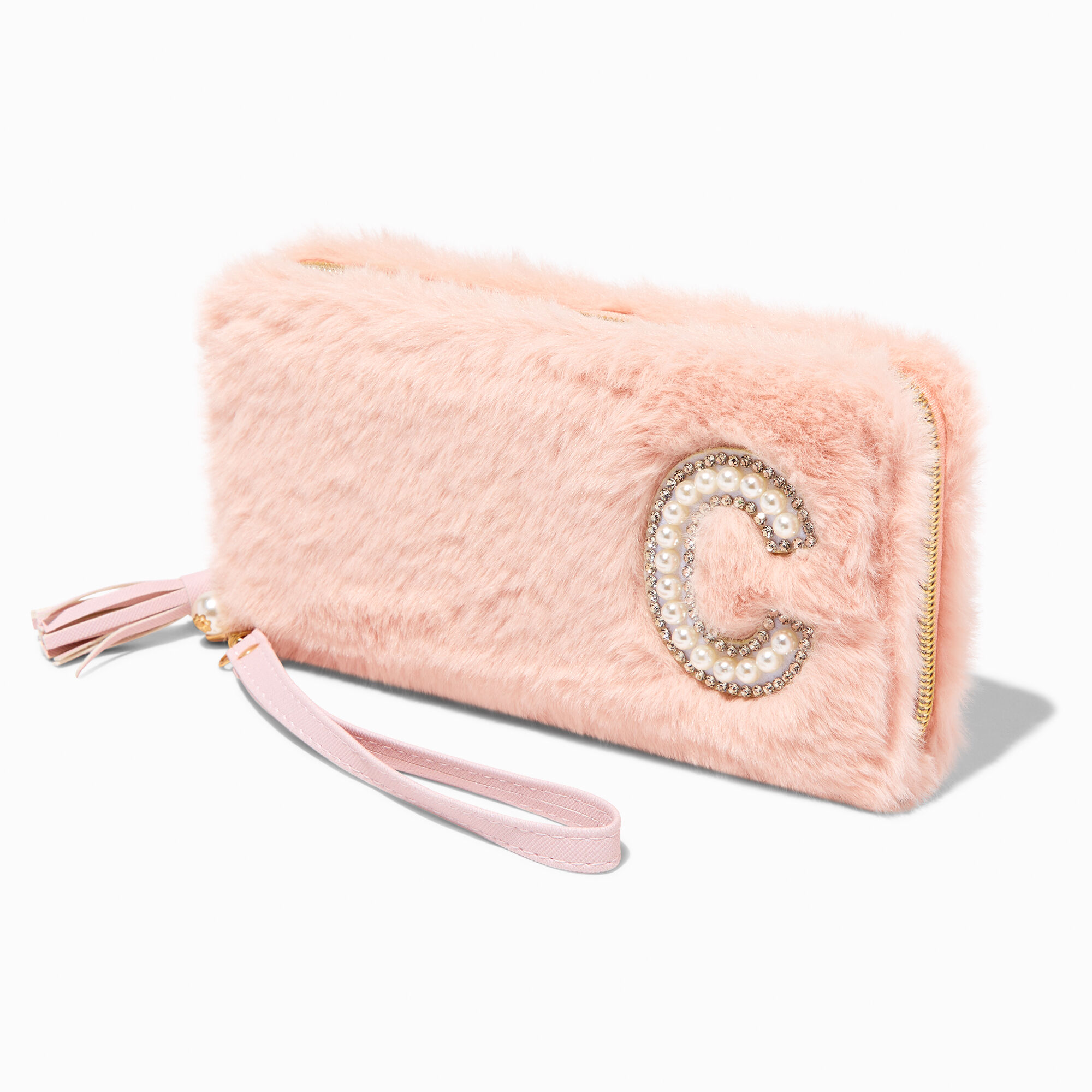 Blush Pink Furry Pearl Initial Wristlet Wallet - C,
